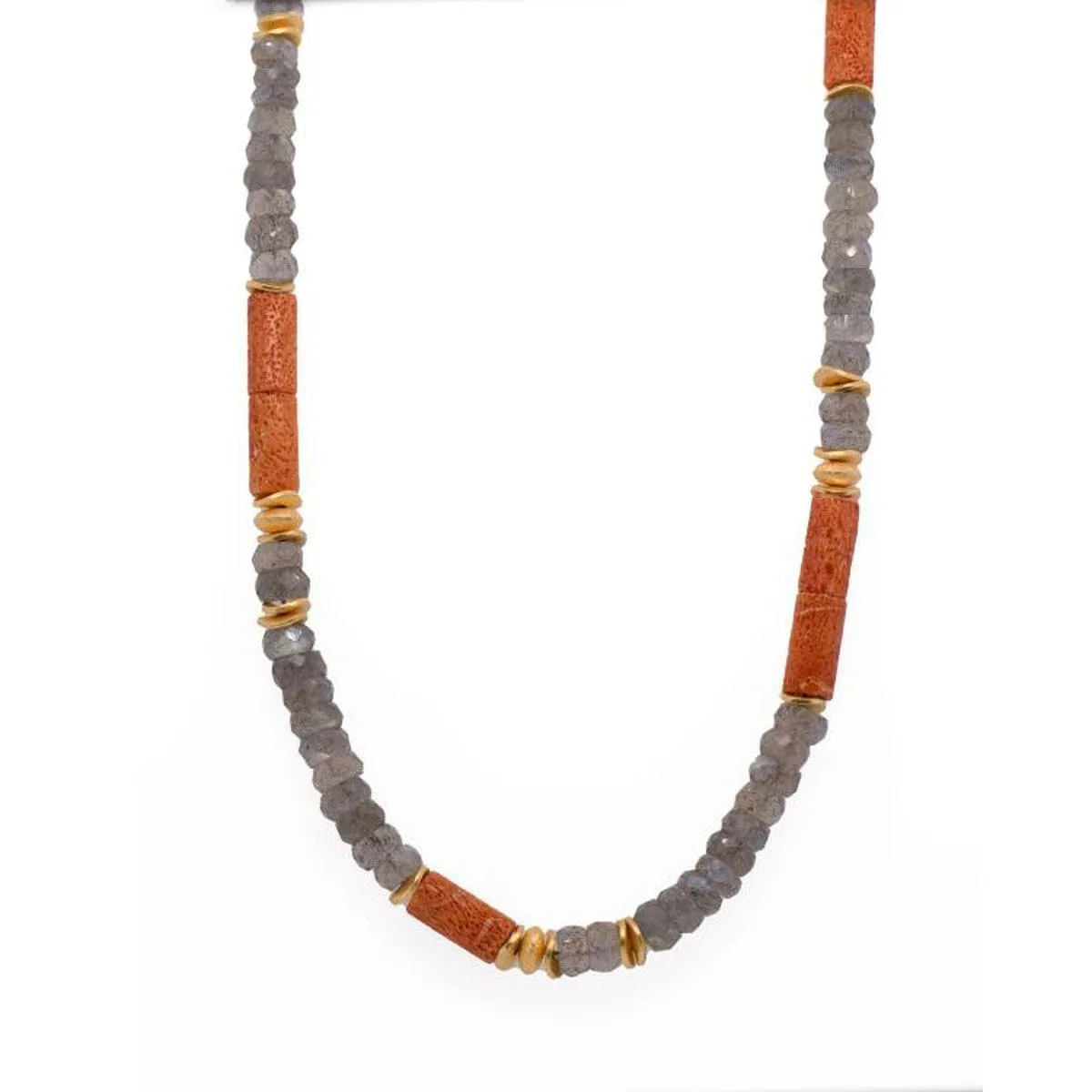 5mm Labradorite & Coral 24k Gold Vermeil Necklace