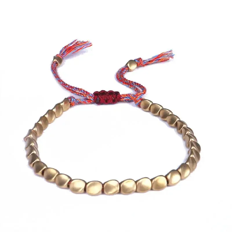 652F Tibetan Copper Bead Bracelet Braided String Bracelet Buddhist Prayer Yoga Prayer