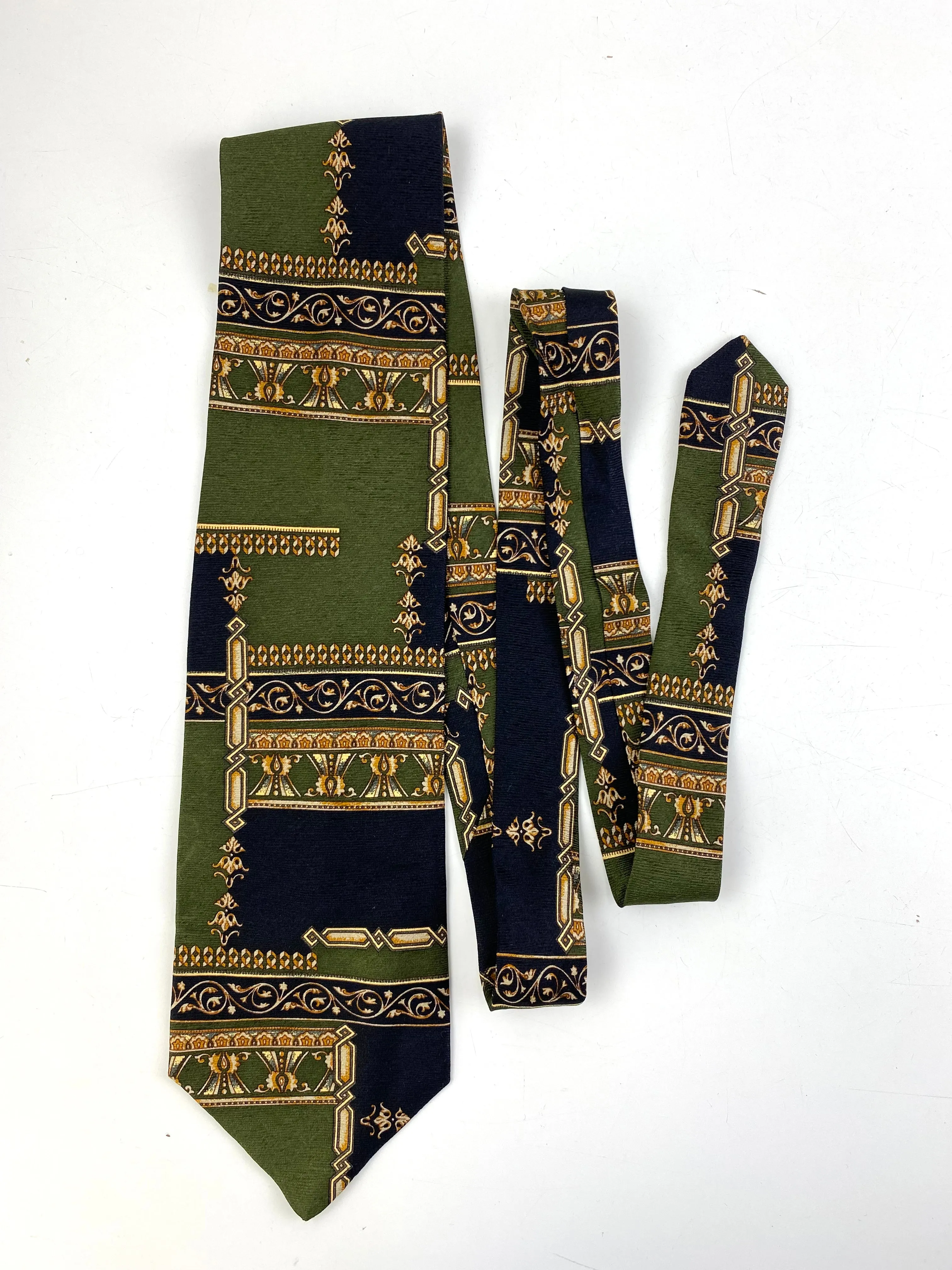 90s Deadstock Silk Necktie, Men's Vintage Green/ Navy Filigree Art Deco Pattern Tie, NOS