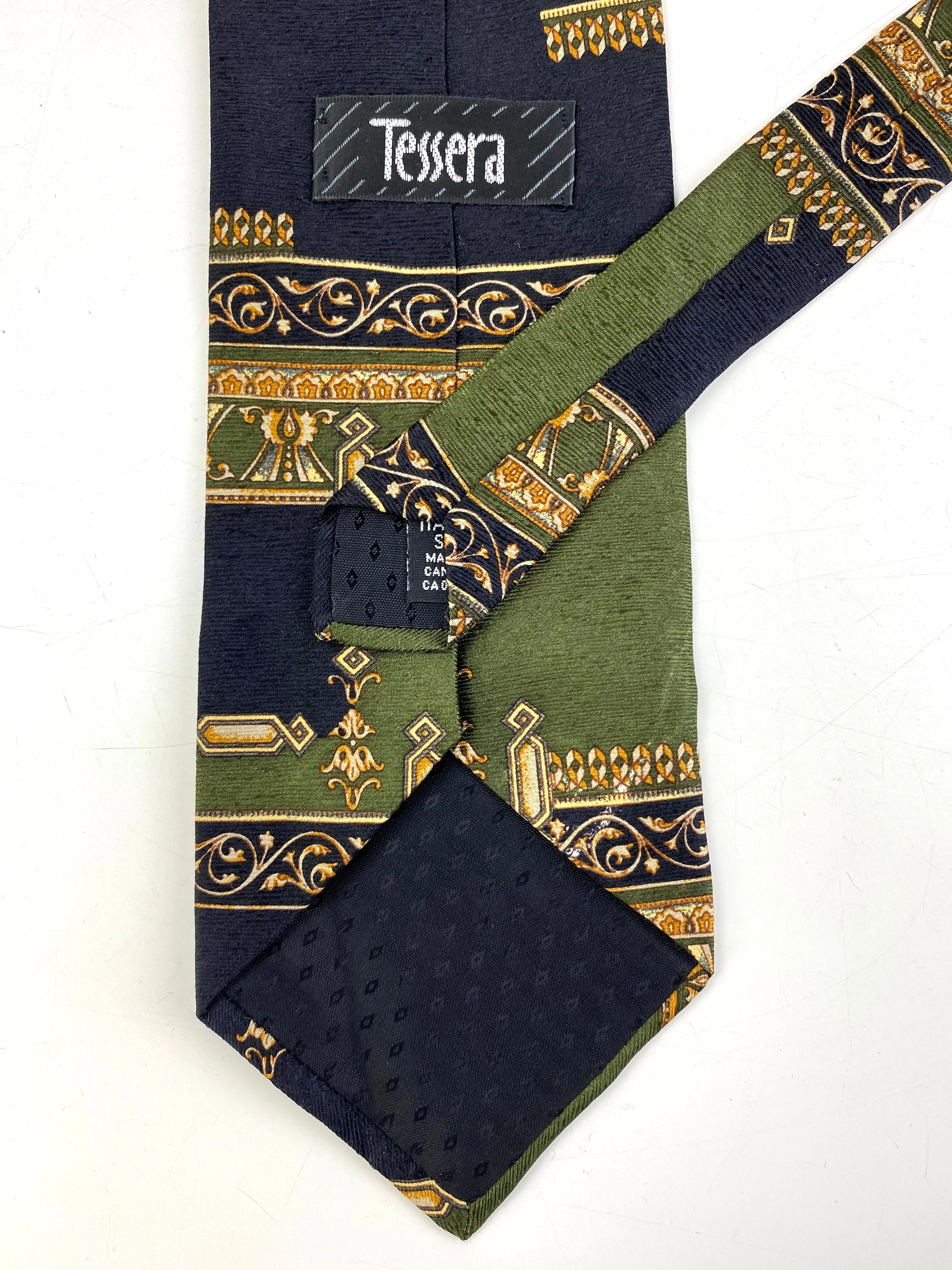 90s Deadstock Silk Necktie, Men's Vintage Green/ Navy Filigree Art Deco Pattern Tie, NOS