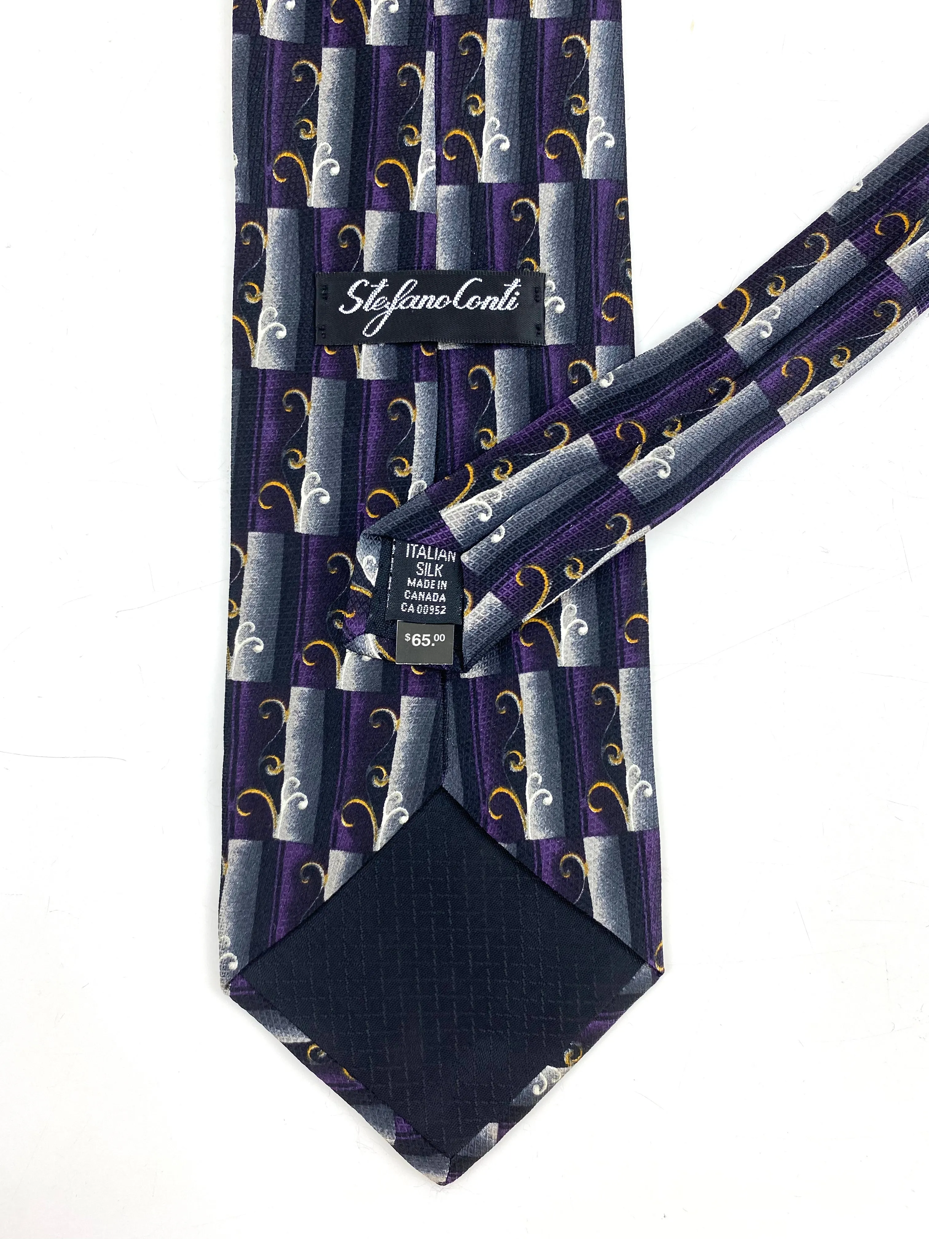 90s Deadstock Silk Necktie, Men's Vintage Purple/ Black/ Grey Filigree Pattern Tie, NOS