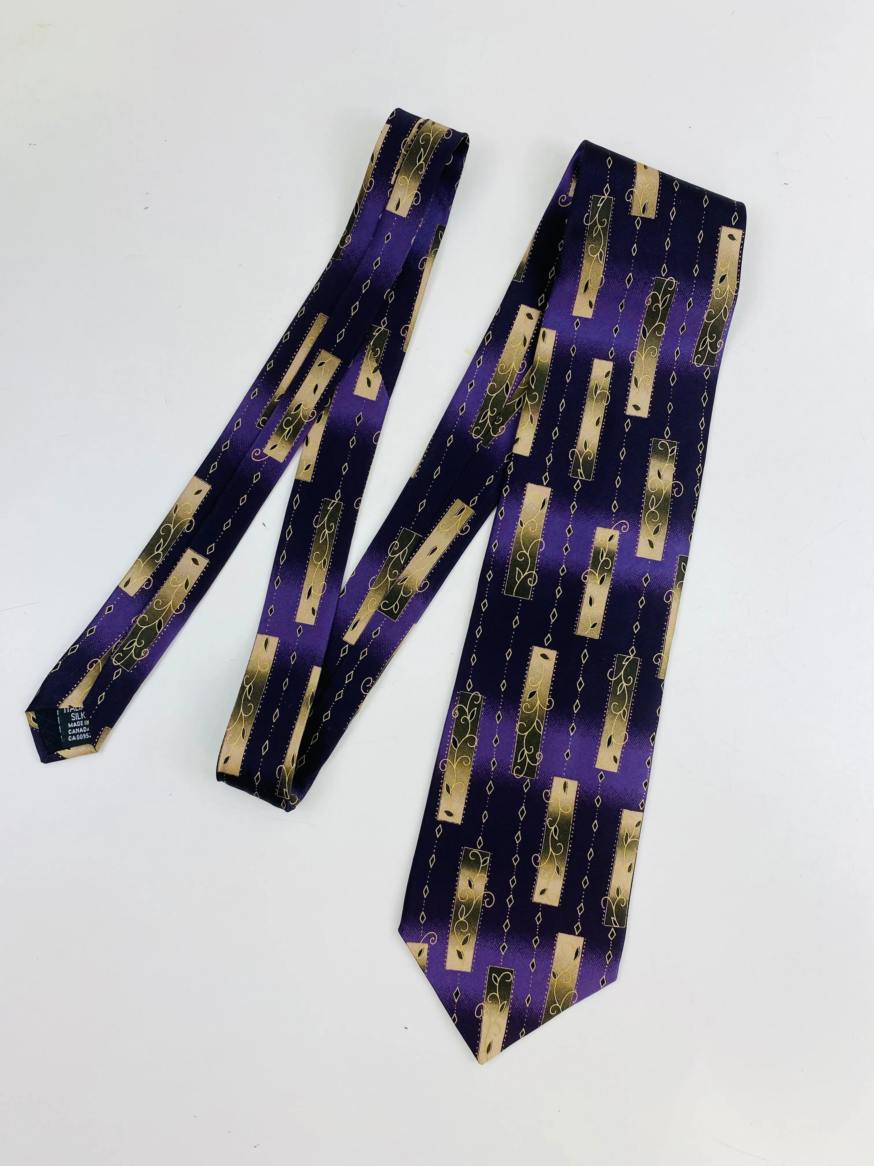 90s Deadstock Silk Necktie, Men's Vintage Purple/ Gold Filigree Pattern Tie, NOS