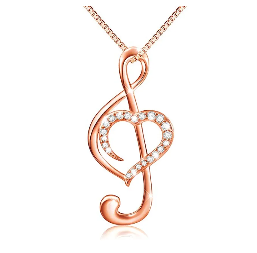 925 Silver Heart Treble Clef Note Necklace Rose Gold Simulated Diamond Music Note Charm Musician Jewelry Singer Gift 18in.