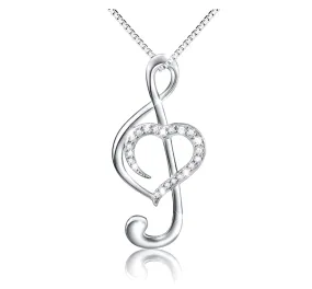 925 Silver Heart Treble Clef Note Necklace Rose Gold Simulated Diamond Music Note Charm Musician Jewelry Singer Gift 18in.