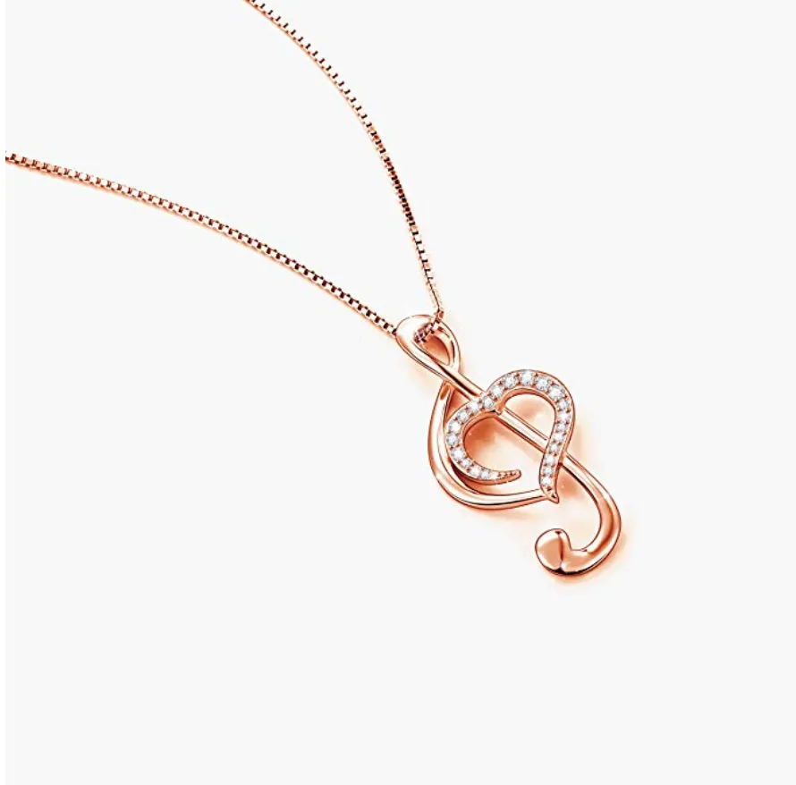 925 Silver Heart Treble Clef Note Necklace Rose Gold Simulated Diamond Music Note Charm Musician Jewelry Singer Gift 18in.