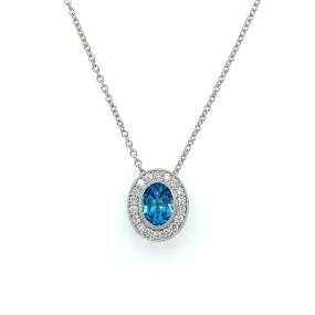 9ct White Gold 0.96ct Blue Topaz & Diamond Halo Pendant