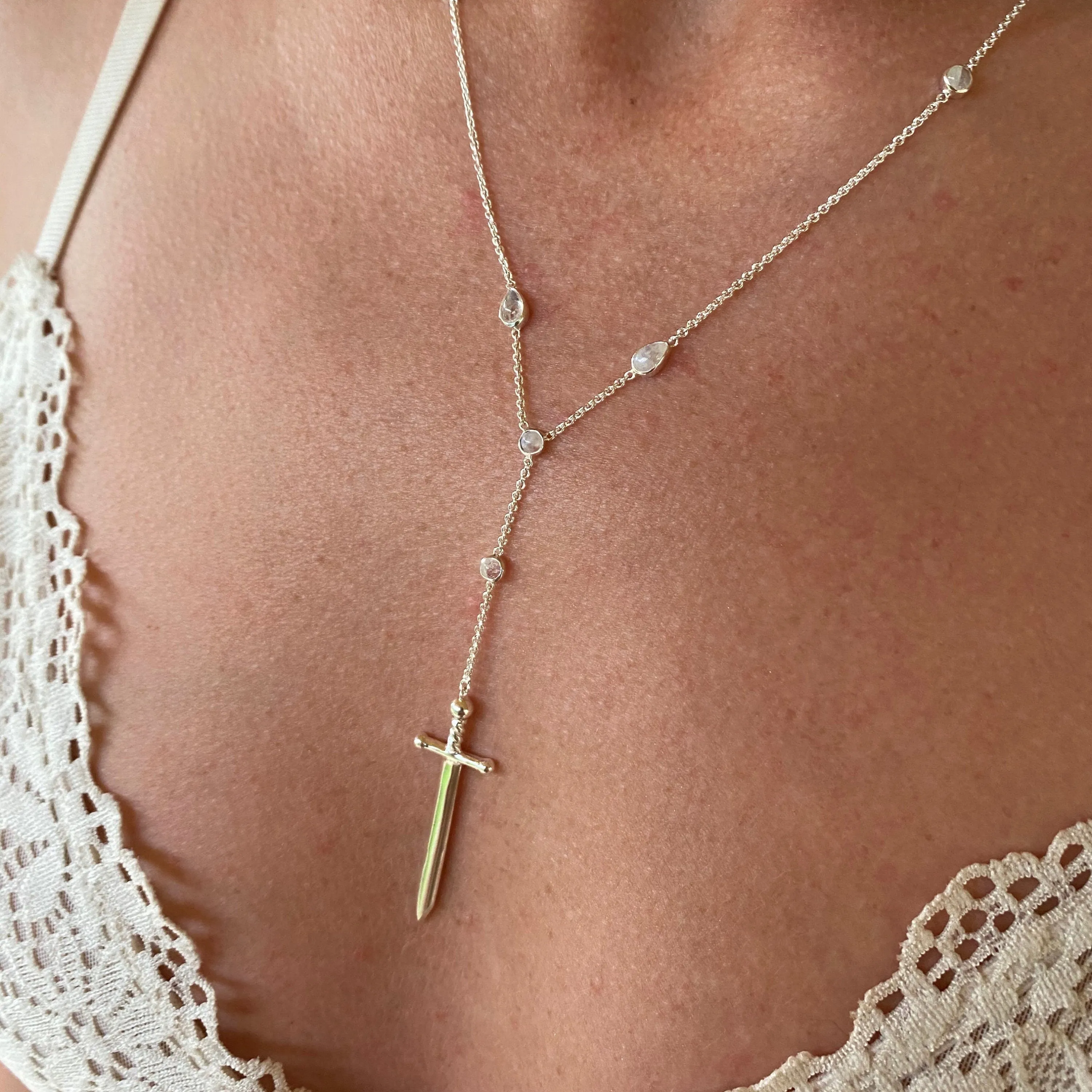 Ace of swords Sterling Silver Rainbow Moonstone Necklace