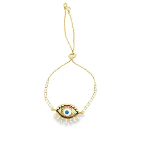 Adjustable Box Chain Bracelet With MutliColor and Clear CZ Stones On A Evil Eye Charm (I141)