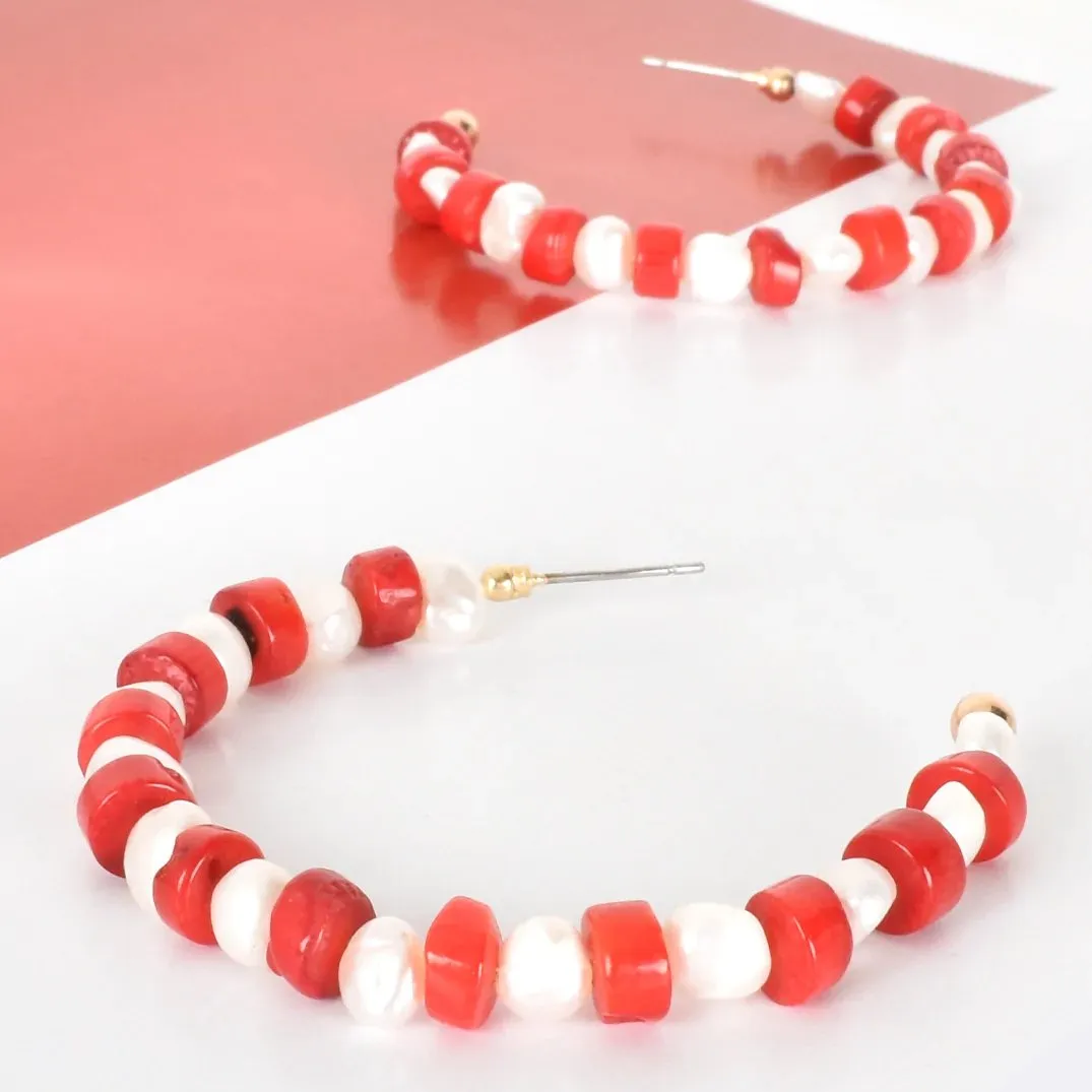 Alternate Red Stone and Pearl mix Hoop Earrings.