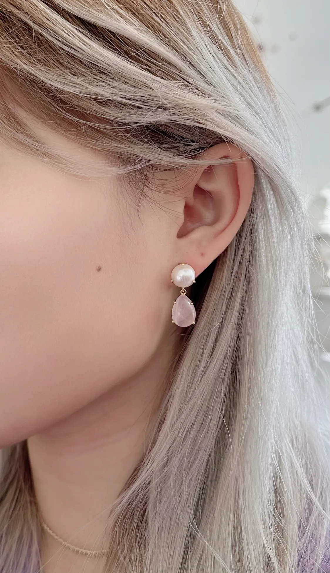 Amare Wear Freshwater Pearl and Teardrop Rose Quartz Statement Earring