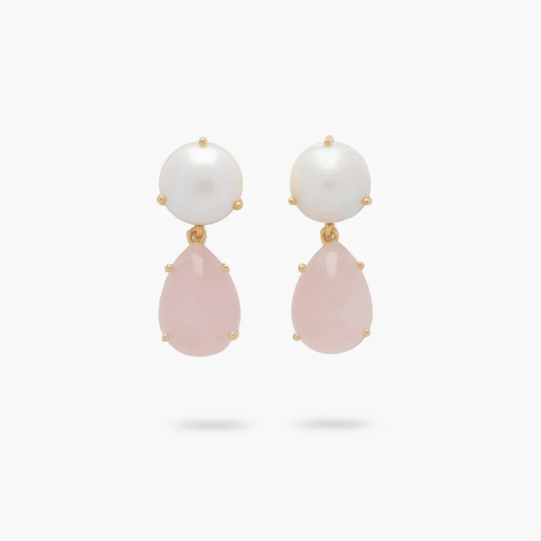 Amare Wear Freshwater Pearl and Teardrop Rose Quartz Statement Earring