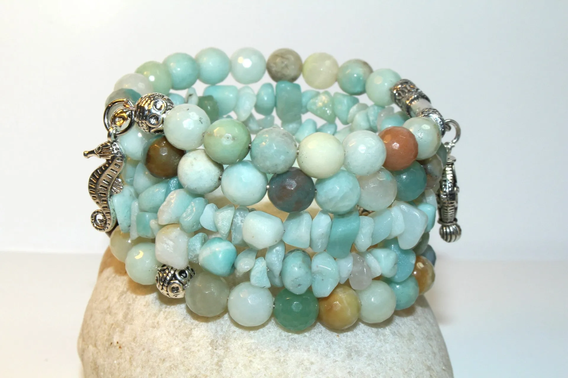 Amazonite Gemstone, Charms Cuff Wrap Bracelet And Earrings Set