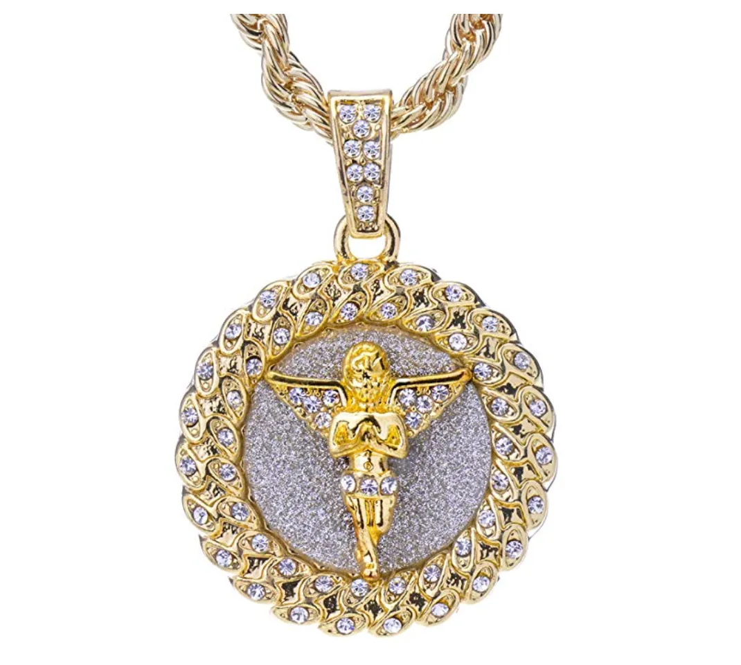 Angel Necklace Iced Out Angel Medallion Pendant Chain Diamond Silver Gold 24in.