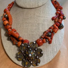 Antique Berber Necklace,Coral Beads, Charms, & Pendant