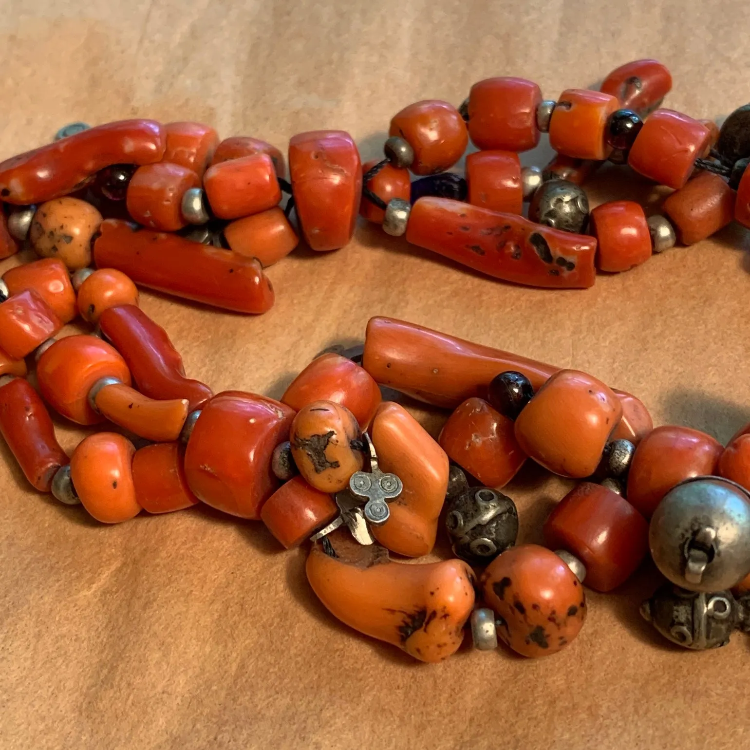 Antique Berber Necklace,Coral Beads, Charms, & Pendant