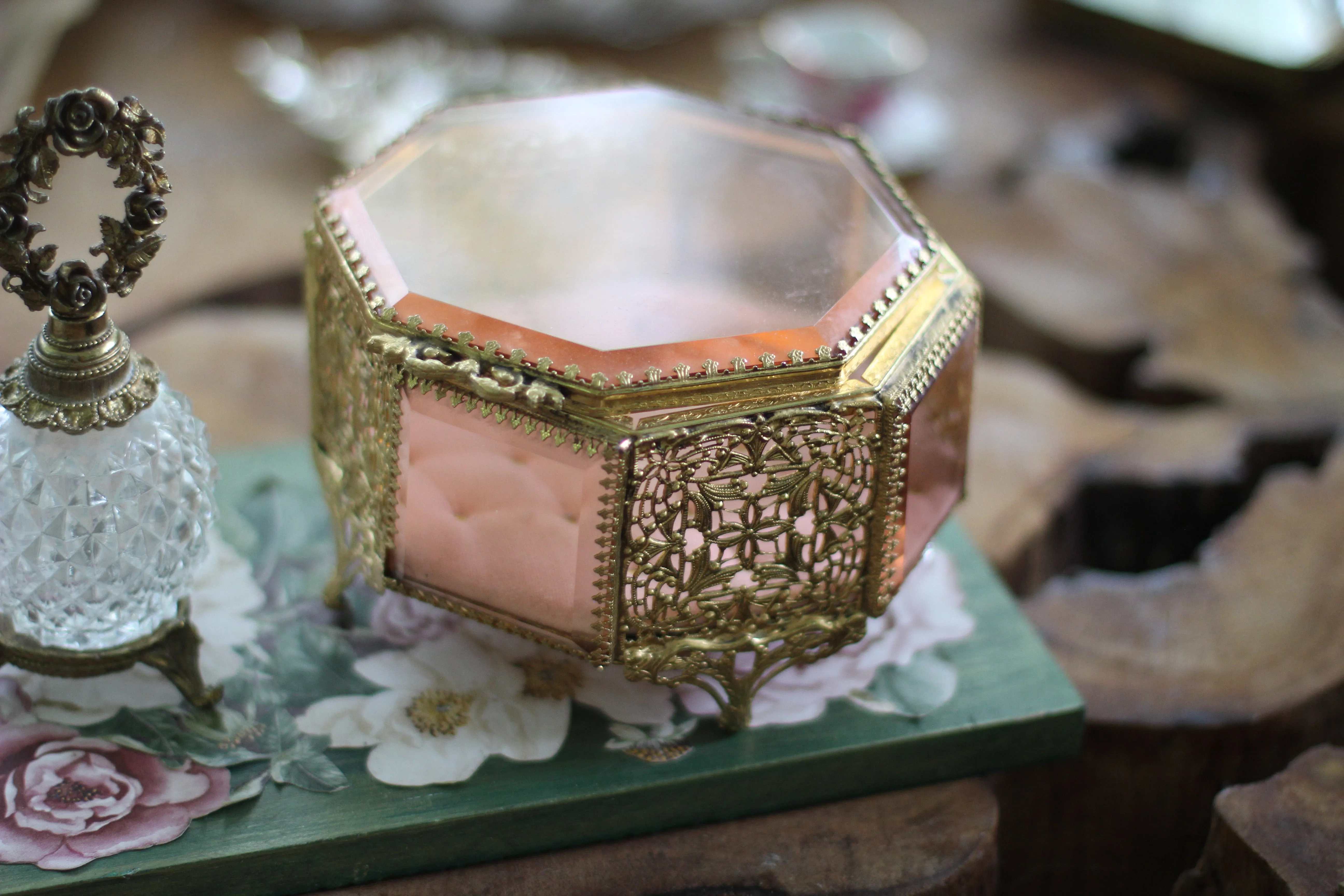 Antique Rare Pink Tufted Jewelry Box