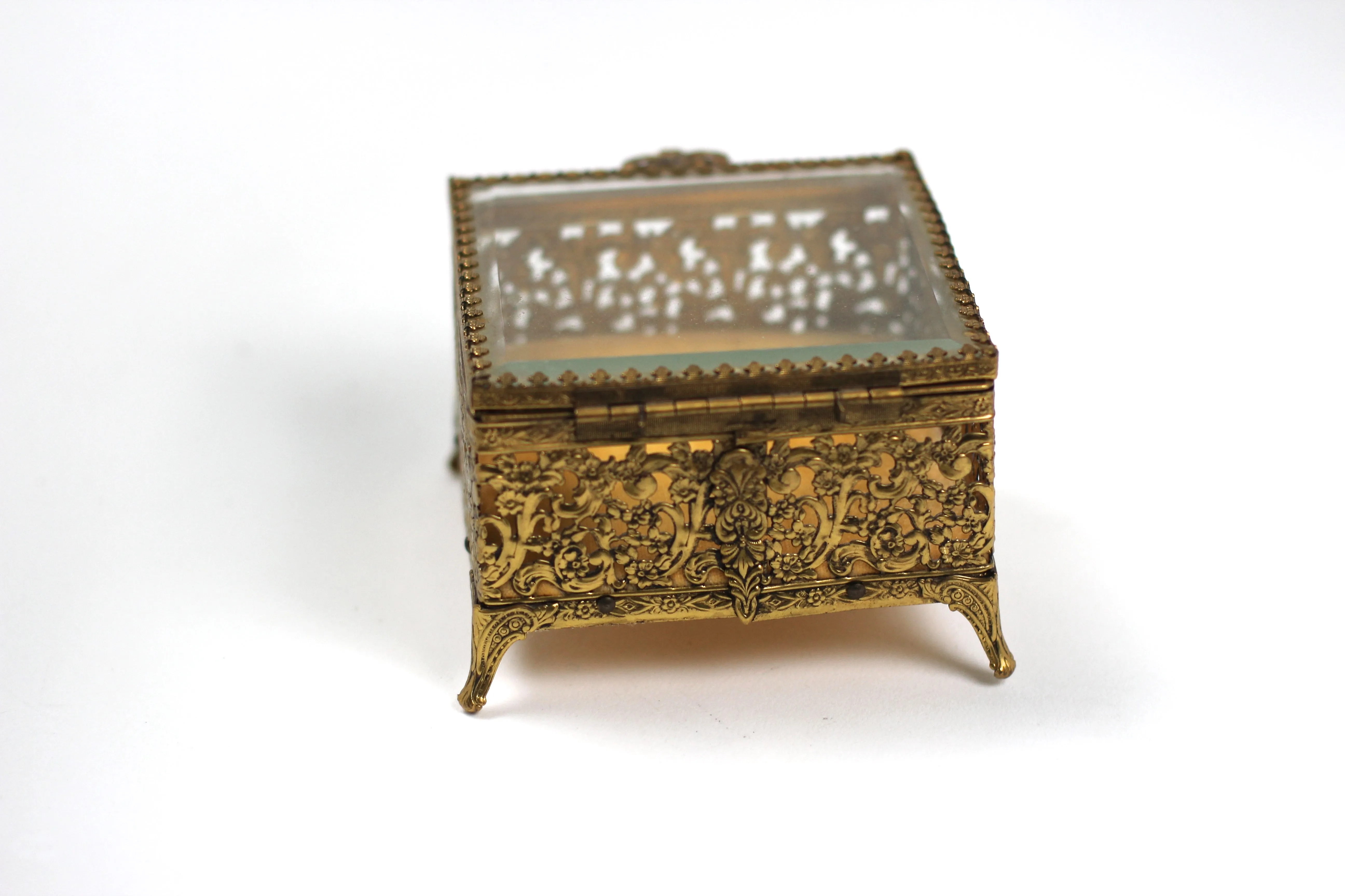 Antique Square Ormolu Filigree Jewelry Box