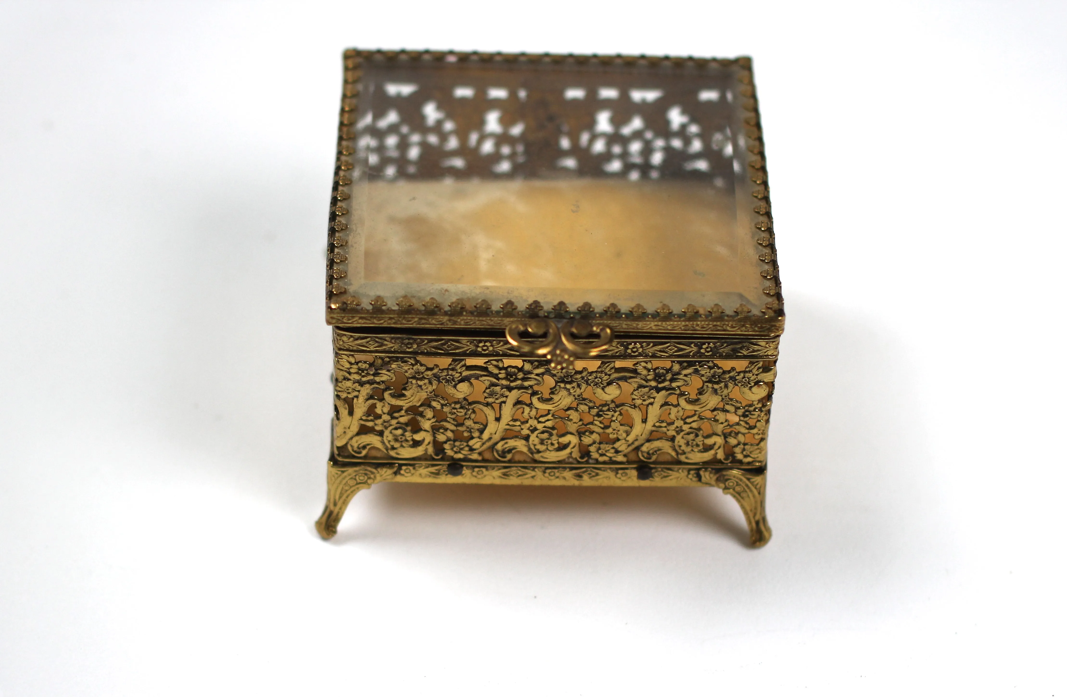 Antique Square Ormolu Filigree Jewelry Box