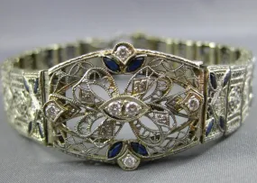 ANTIQUE WIDE & LONG 1.3CT OLD MINE DIAMOND & AAA SAPPHIRE PLATINUM GOLD BRACELET