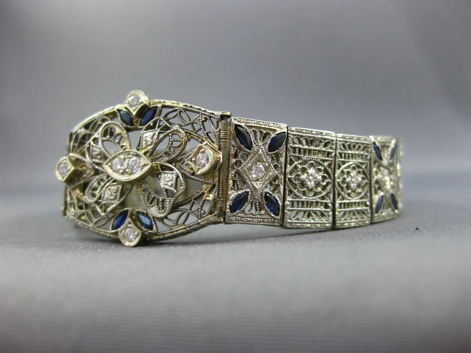 ANTIQUE WIDE & LONG 1.3CT OLD MINE DIAMOND & AAA SAPPHIRE PLATINUM GOLD BRACELET