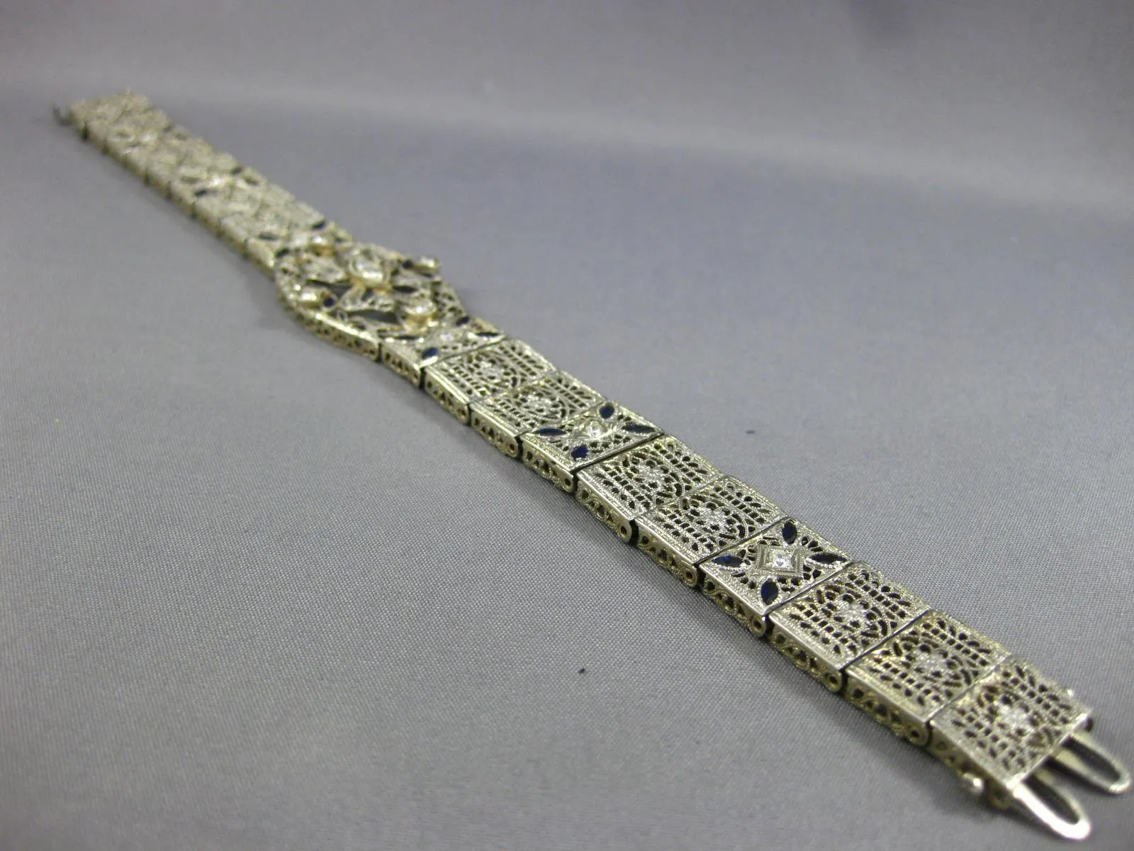 ANTIQUE WIDE & LONG 1.3CT OLD MINE DIAMOND & AAA SAPPHIRE PLATINUM GOLD BRACELET