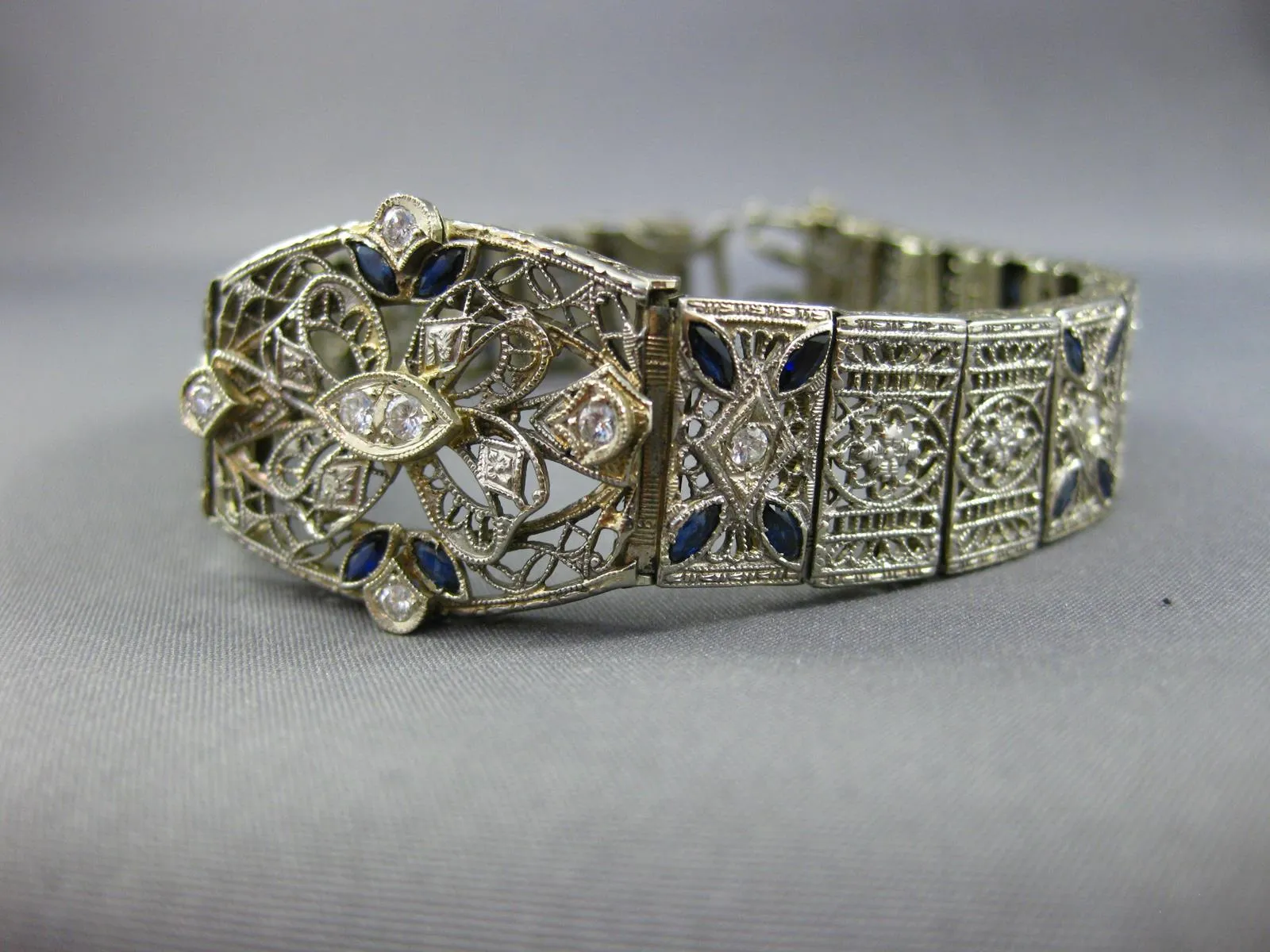 ANTIQUE WIDE & LONG 1.3CT OLD MINE DIAMOND & AAA SAPPHIRE PLATINUM GOLD BRACELET