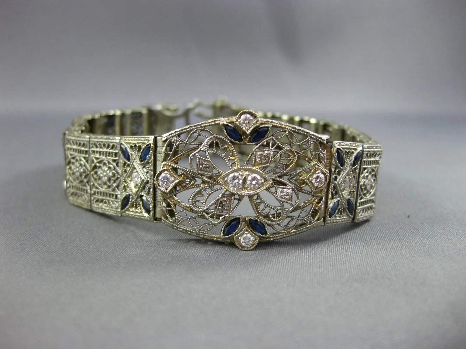 ANTIQUE WIDE & LONG 1.3CT OLD MINE DIAMOND & AAA SAPPHIRE PLATINUM GOLD BRACELET