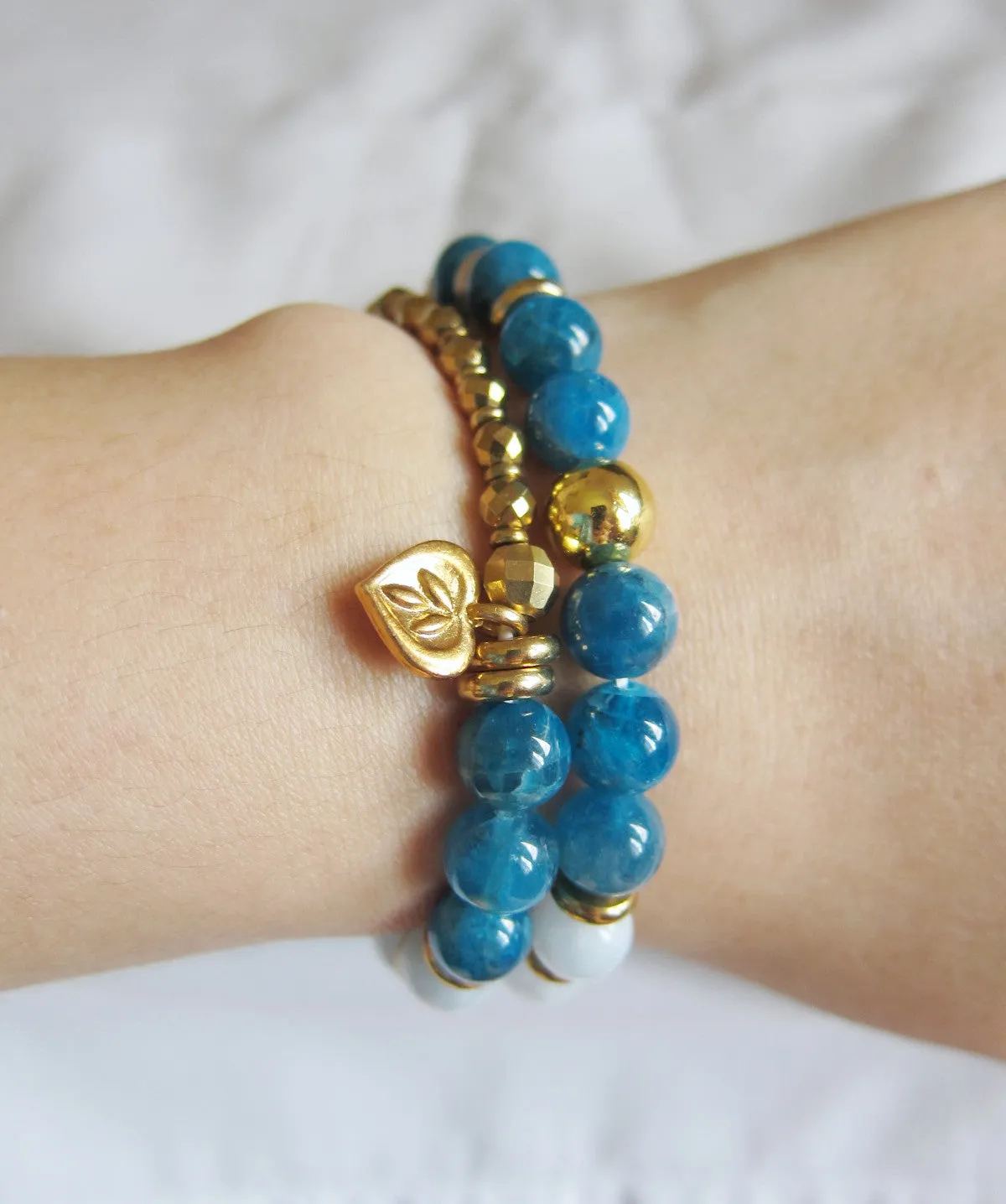 Apatite, Aquamarine in 27 Bead Mala Gemstone Bracelet w/ 24K Gold Filled Heart Flower Charm