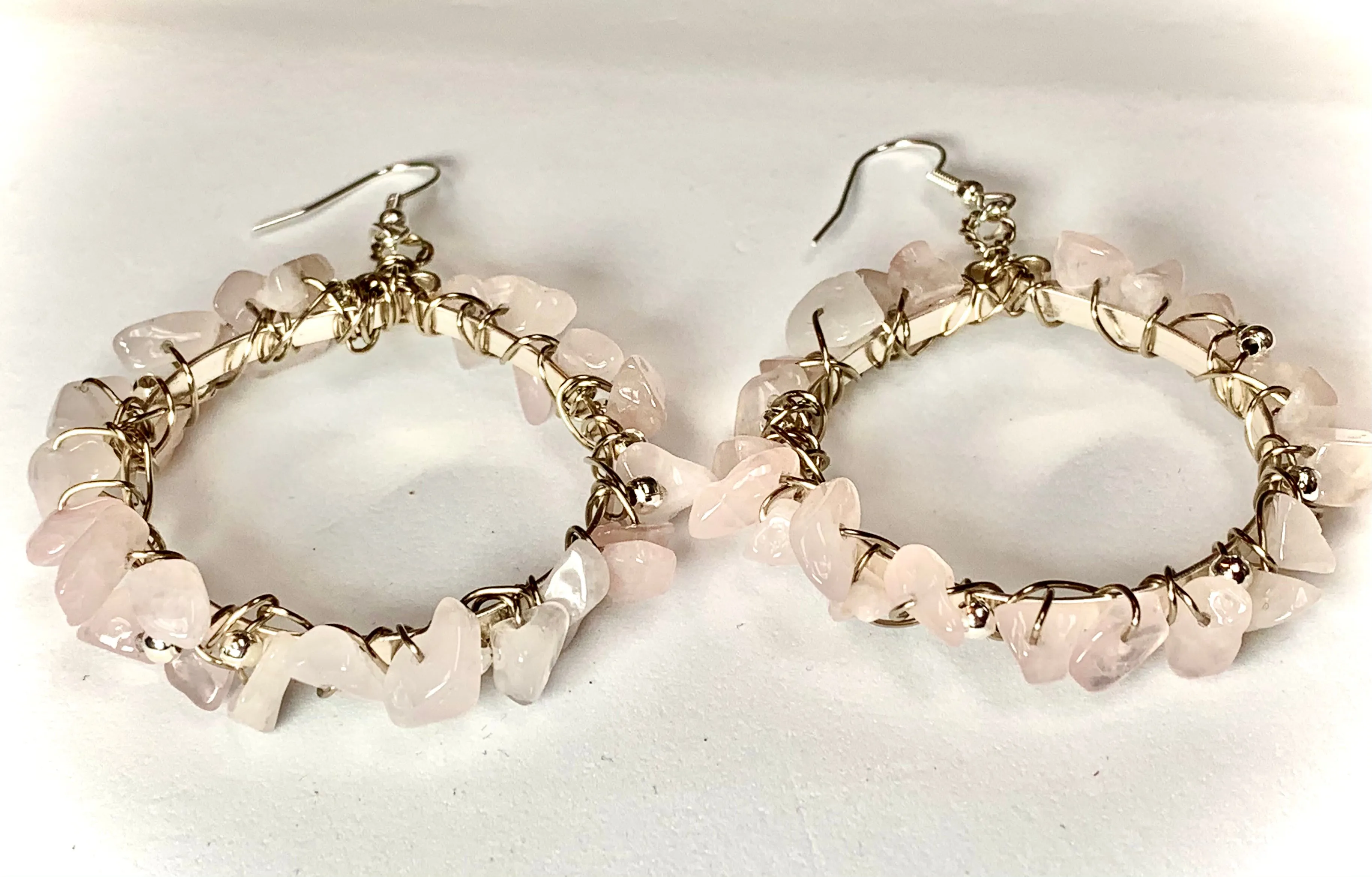 Aphrodite Handmade Genuine Rose Quartz Wire Wrapped Hoop Earrings