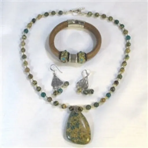 Aqua Terra Jasper Necklace  Earrings and Leather Bracelet Jewelry Set