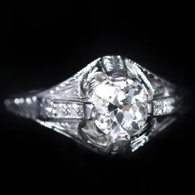 Art Deco 18K White Gold 0.85 Carat Old Mine Cut Diamond Ring