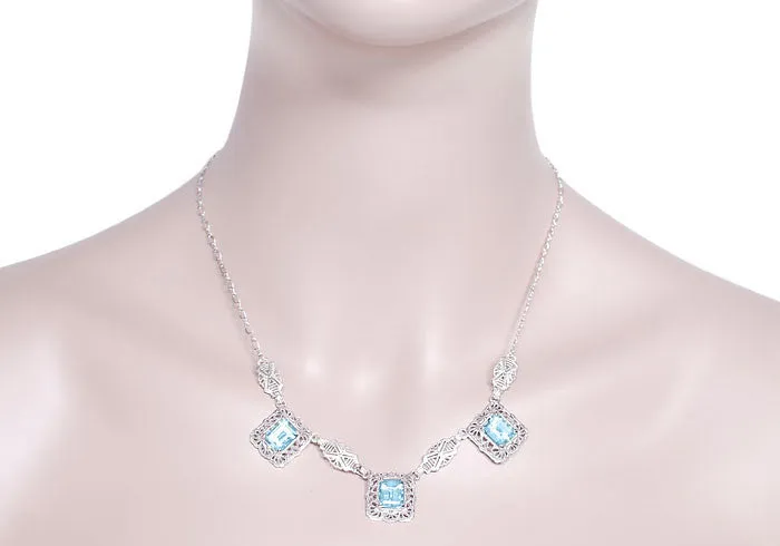 Art Deco Filigree Blue Topaz 3 Drop Necklace in Sterling Silver