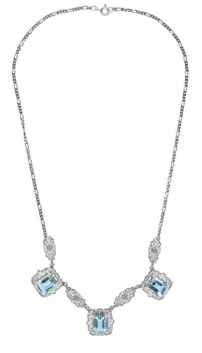 Art Deco Filigree Blue Topaz 3 Drop Necklace in Sterling Silver