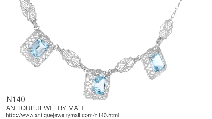 Art Deco Filigree Blue Topaz 3 Drop Necklace in Sterling Silver