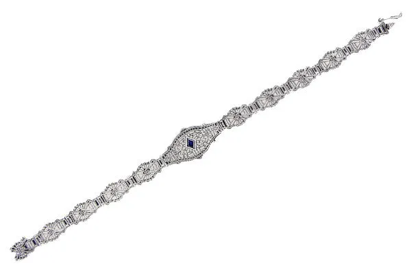 Art Deco Filigree Sapphire Bracelet in 14 Karat White Gold