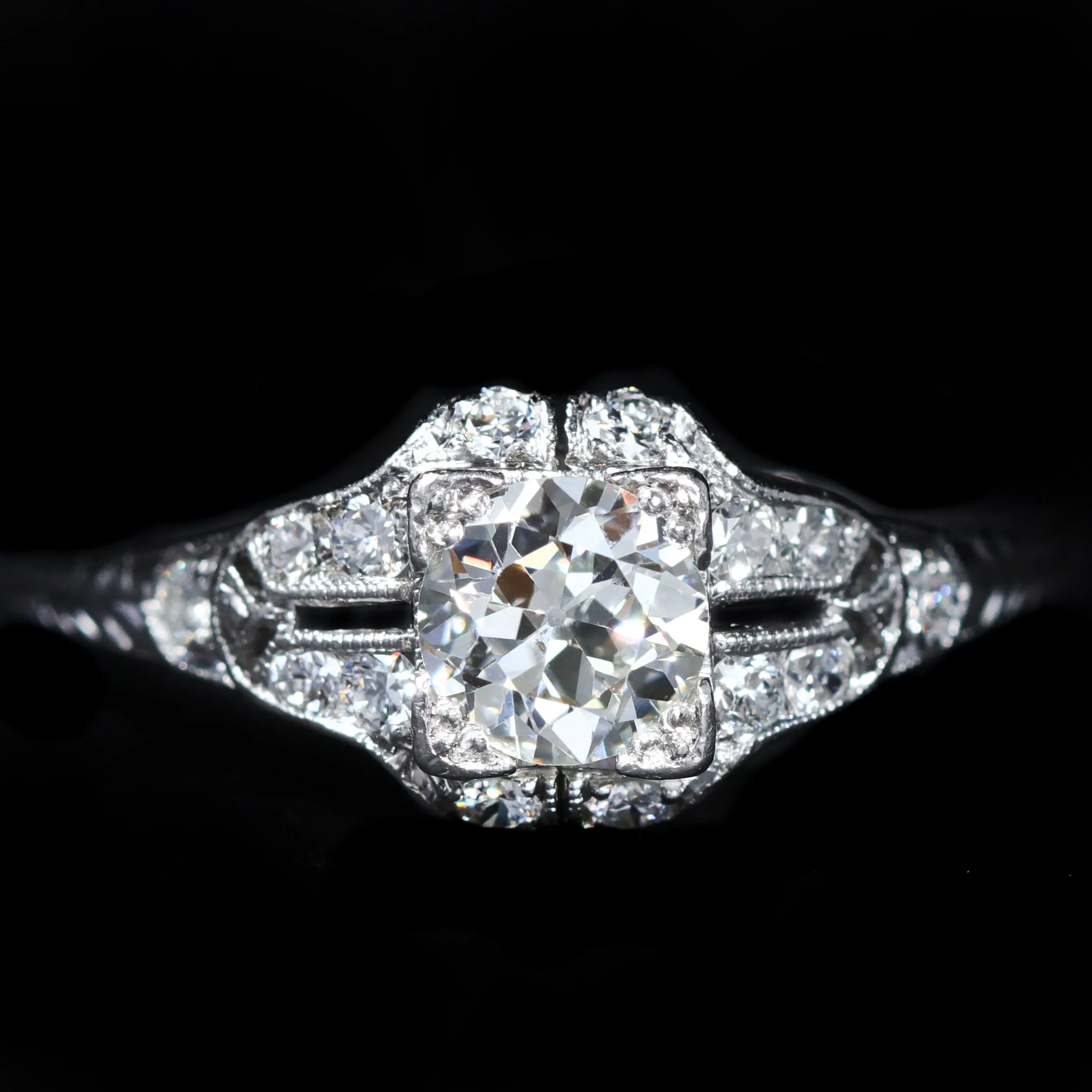 Art Deco Platinum 0.78 Carat Old European Cut Diamond Engagement Ring