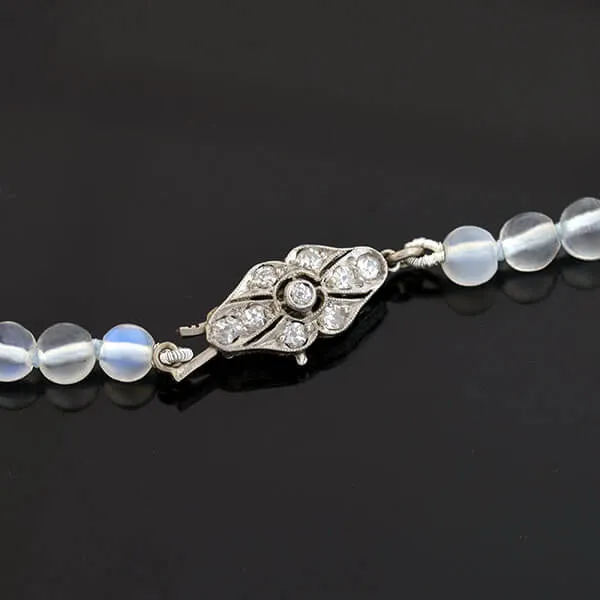 Art Nouveau Blue Moonstone Bead   Platinum Diamond Filigree Clasp Necklace 31.5"