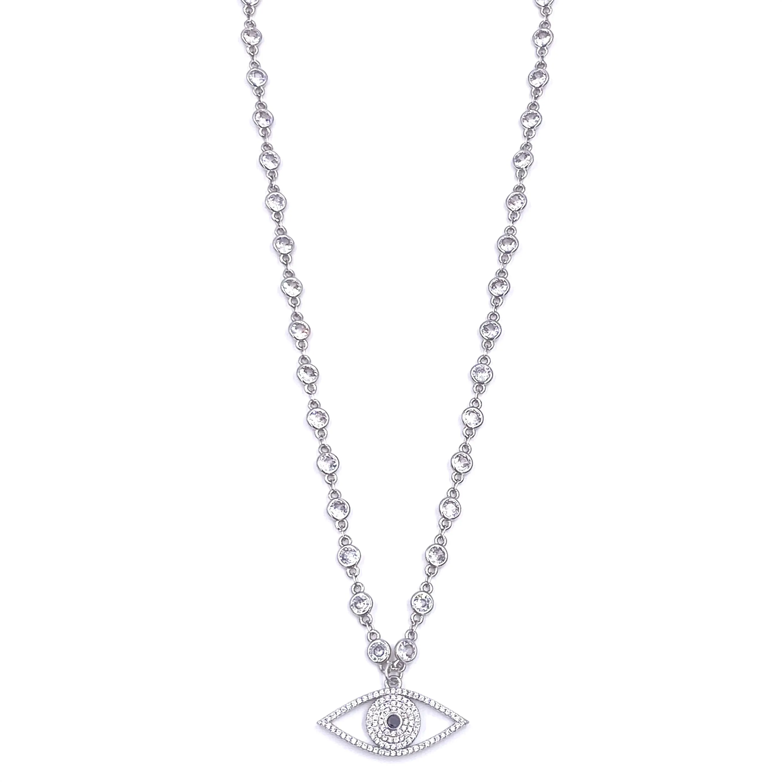 Ashley Gold Stainless Steel CZ Link Chain With CZ Evil Eye Pendant Necklace