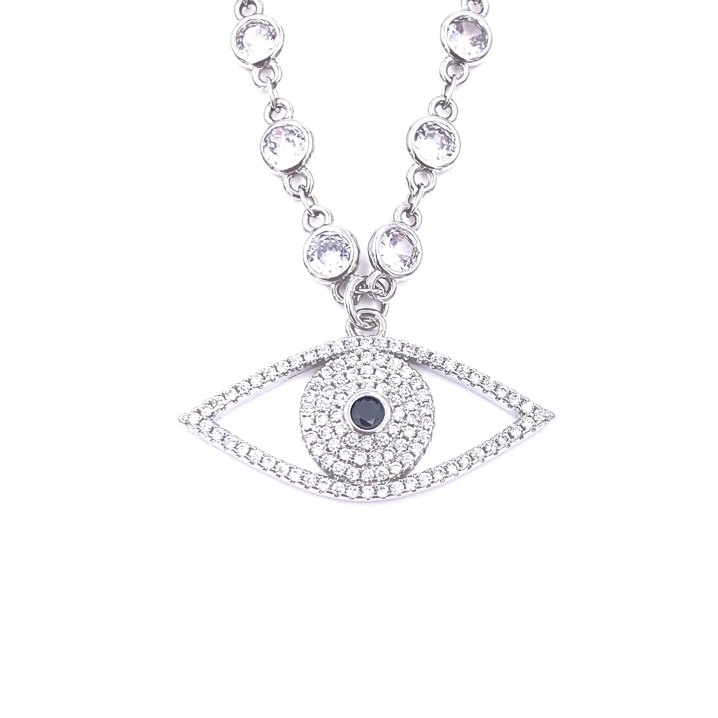 Ashley Gold Stainless Steel CZ Link Chain With CZ Evil Eye Pendant Necklace