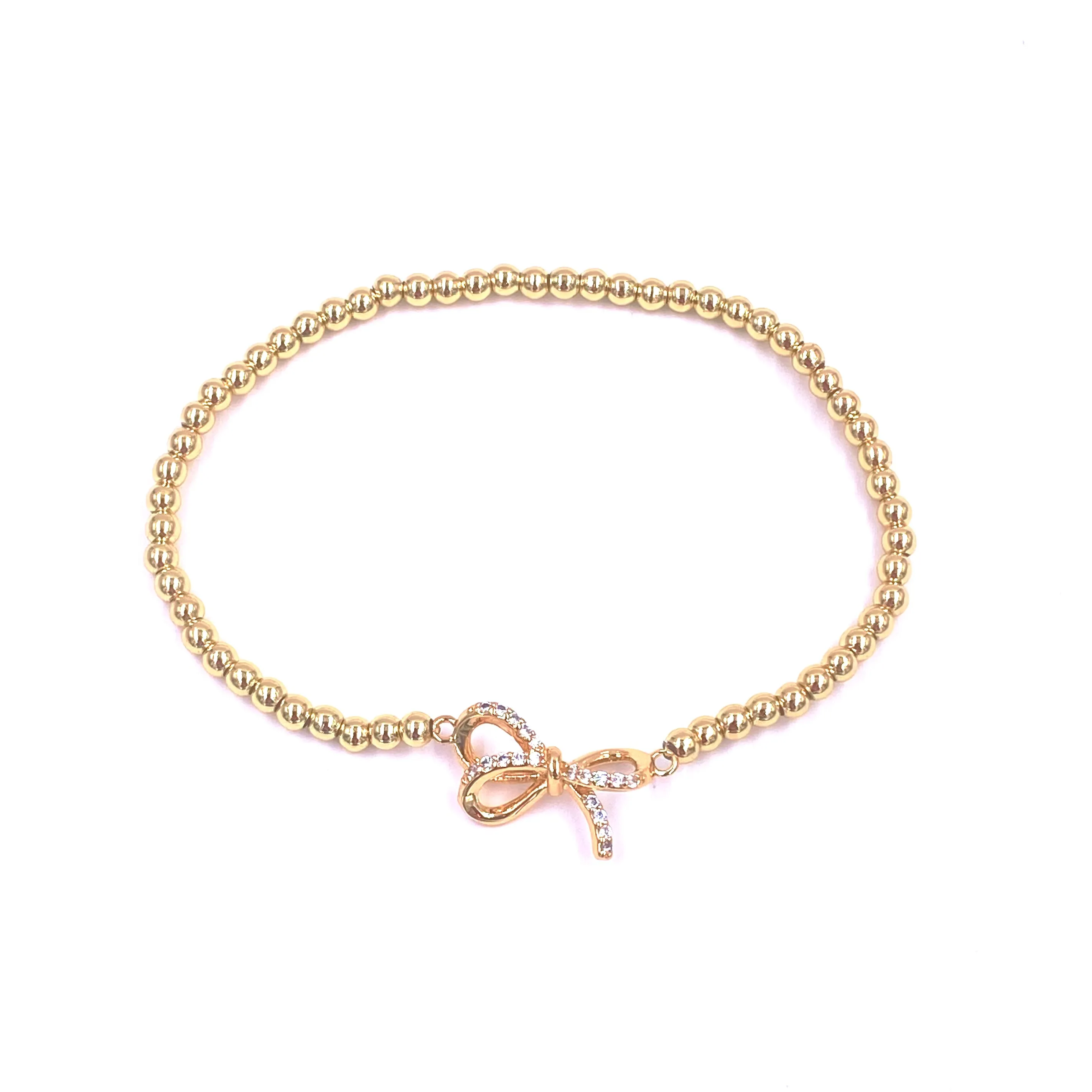 Ashley Gold Stainless Steel Gold Plated CZ Bow Design Stretch Beaded Bracelet