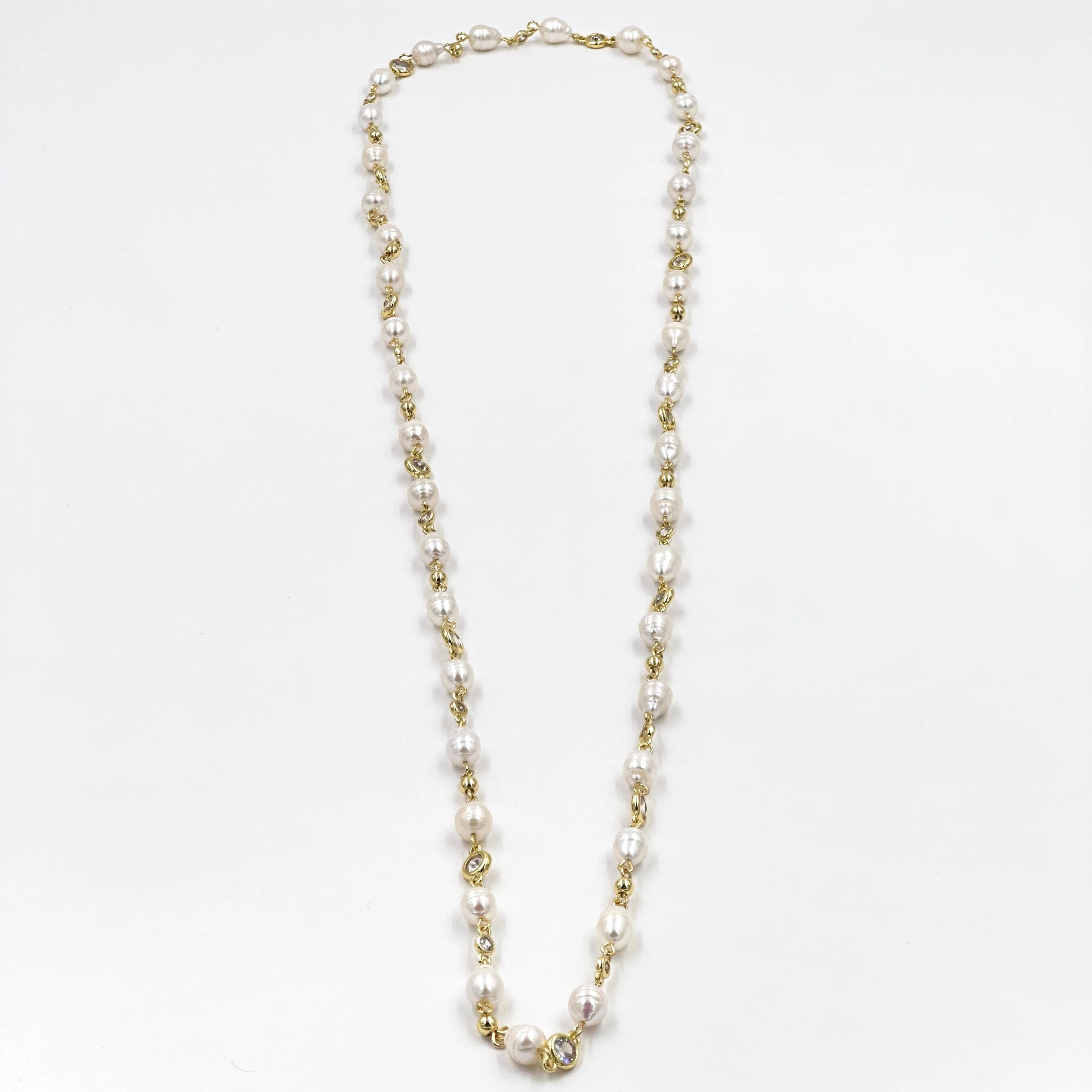 Ashley Gold Stainless Steel Gold Plated Pearl And CZ By The Yard Necklace