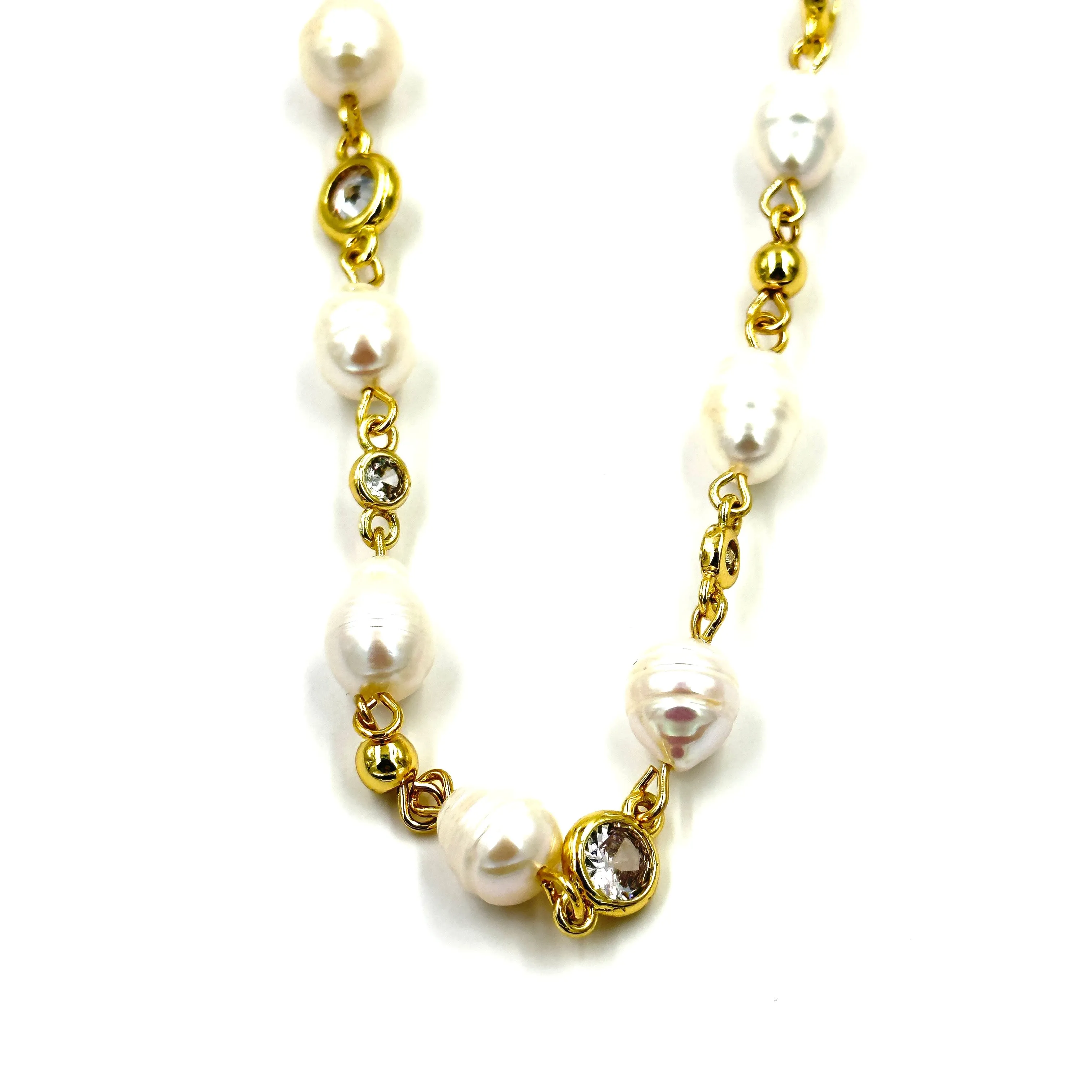 Ashley Gold Stainless Steel Gold Plated Pearl And CZ By The Yard Necklace