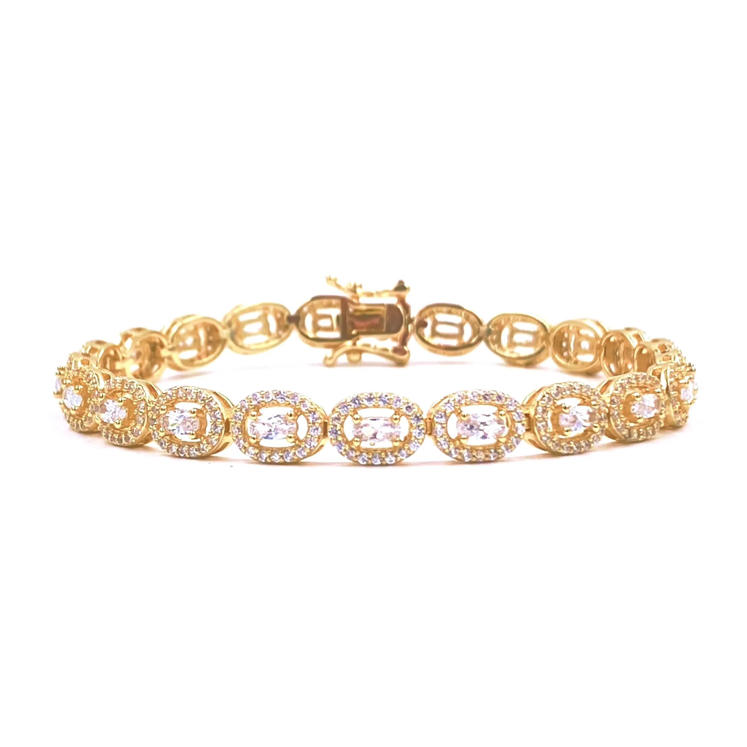 Ashley Gold Sterling Silver Gold Plated Round And Baguette CZ Design Tennis Bracelet