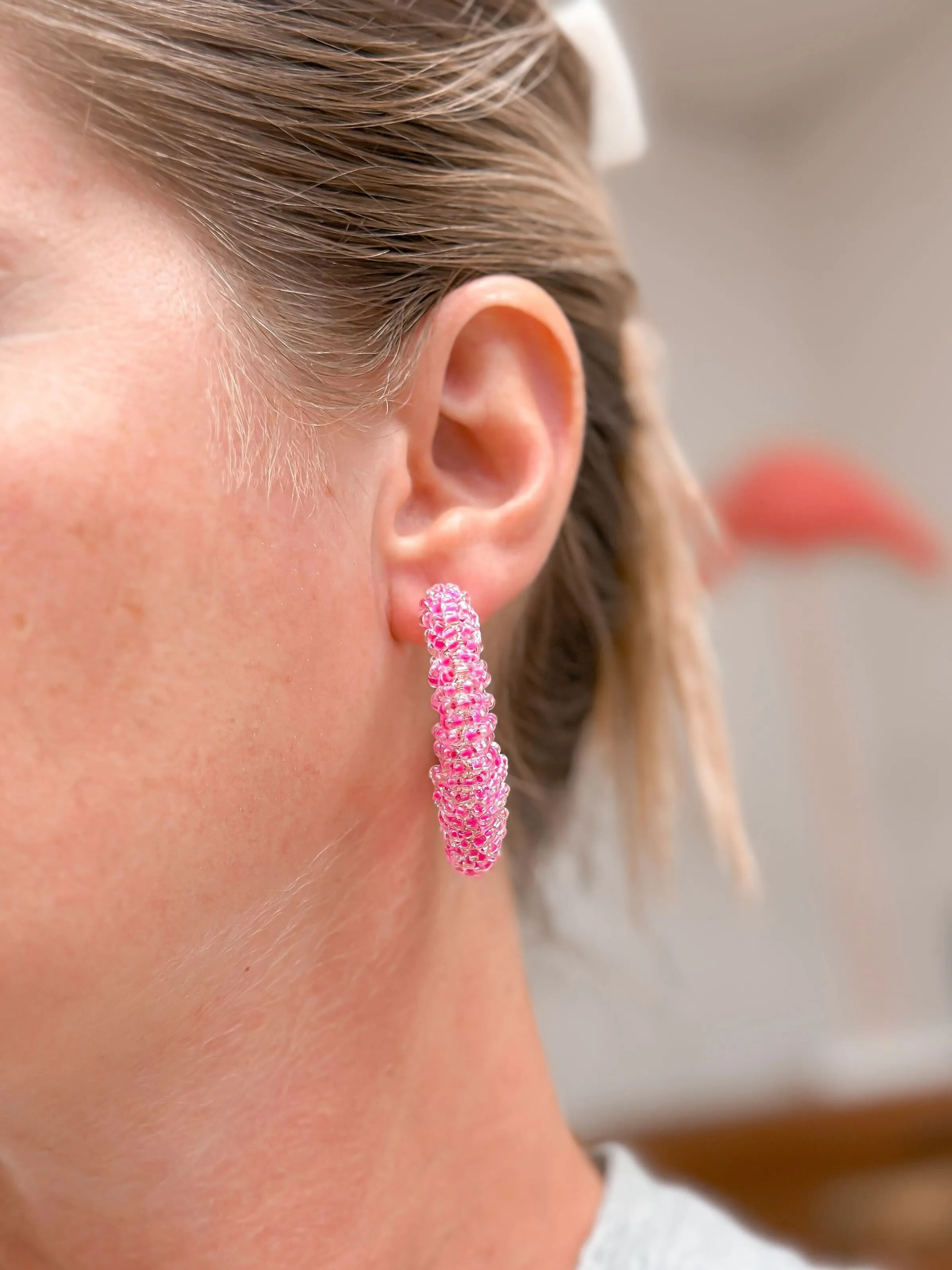 Beaded Cluster Open Hoop Earrings - Hot Pink