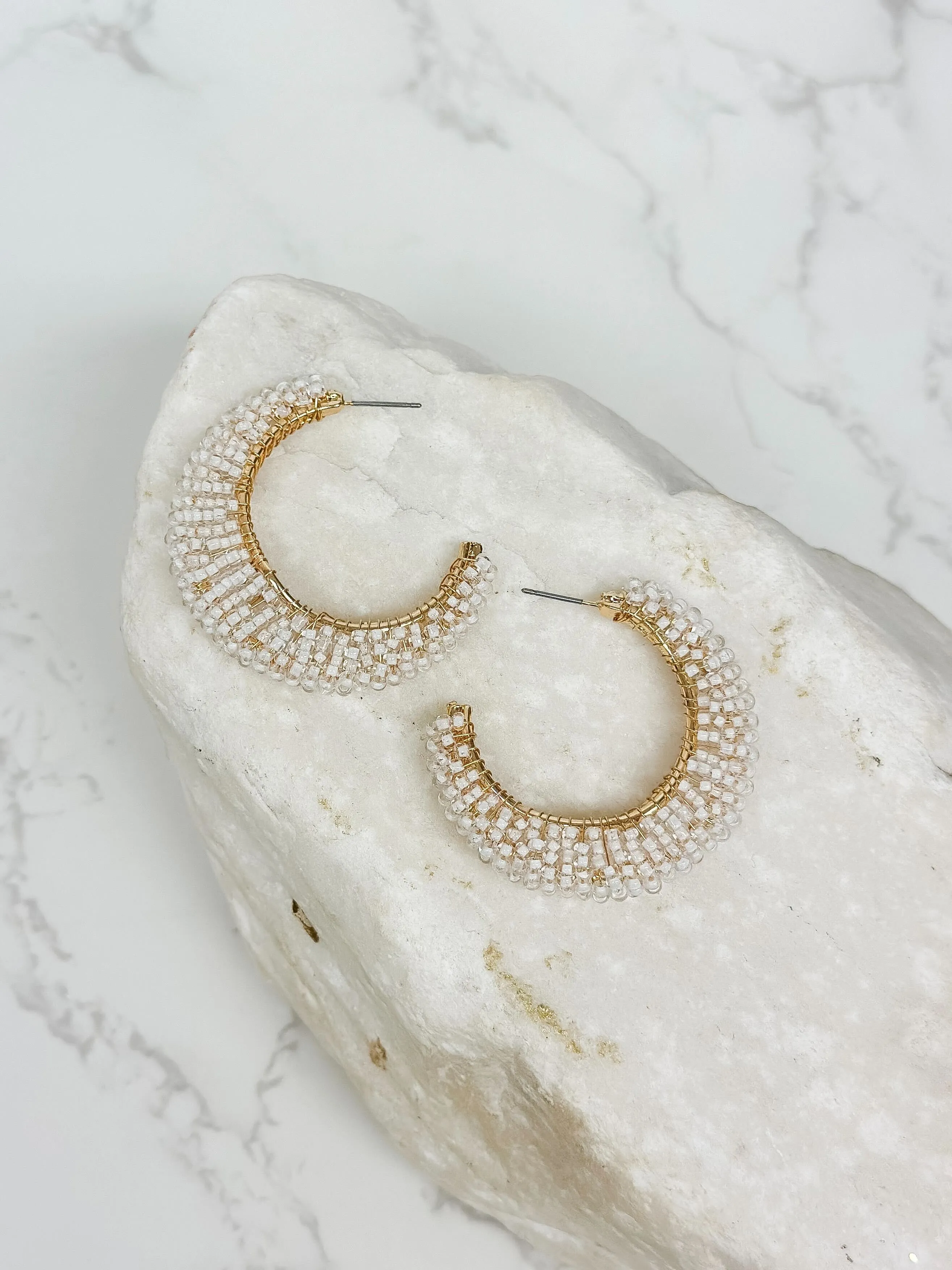 Beaded Cluster Open Hoop Earrings - White