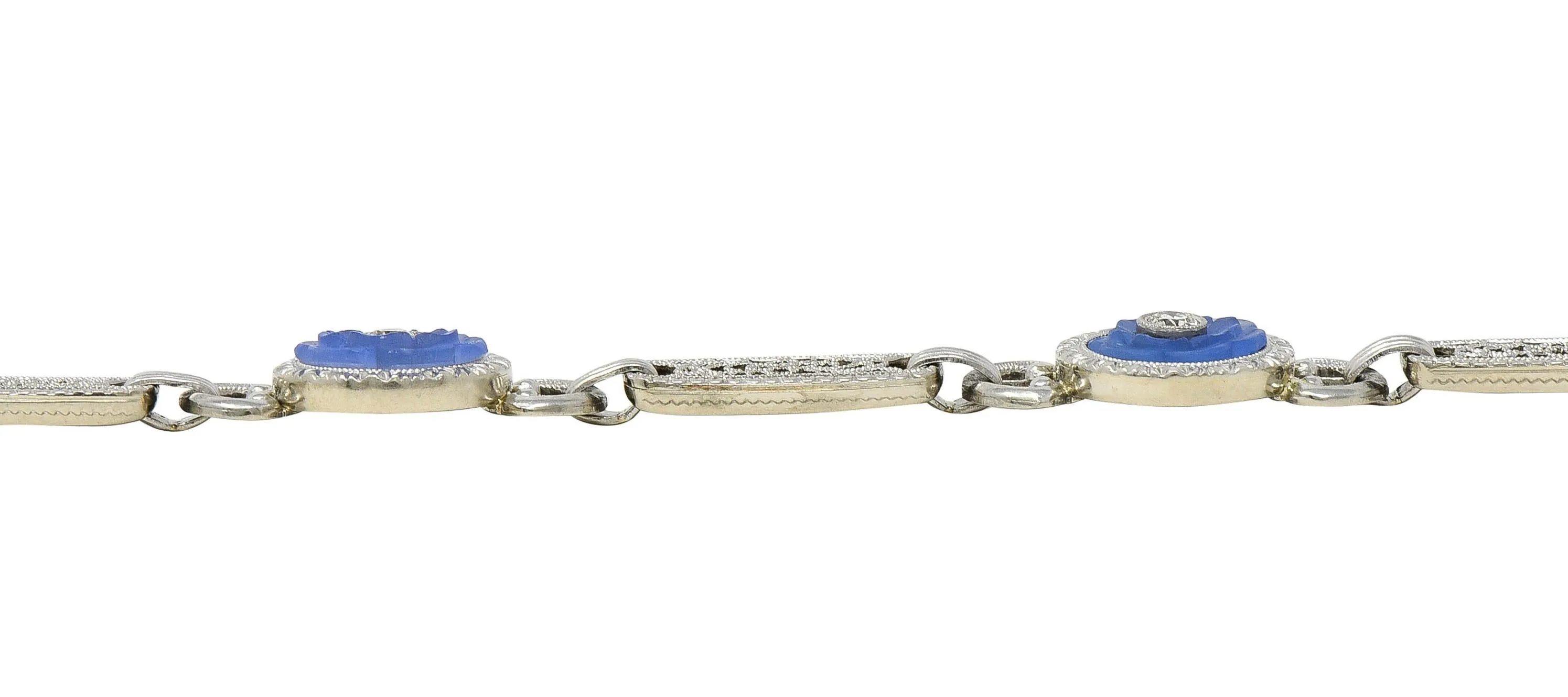 Bippart & Co. Art Deco Diamond Blue Camphor Glass Vintage Floral Link Bracelet