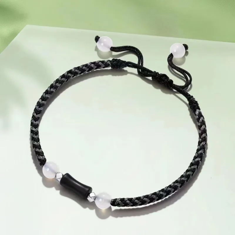 Black Agate and Green Aventurine Hand-Woven Bracelet with Sterling Silver