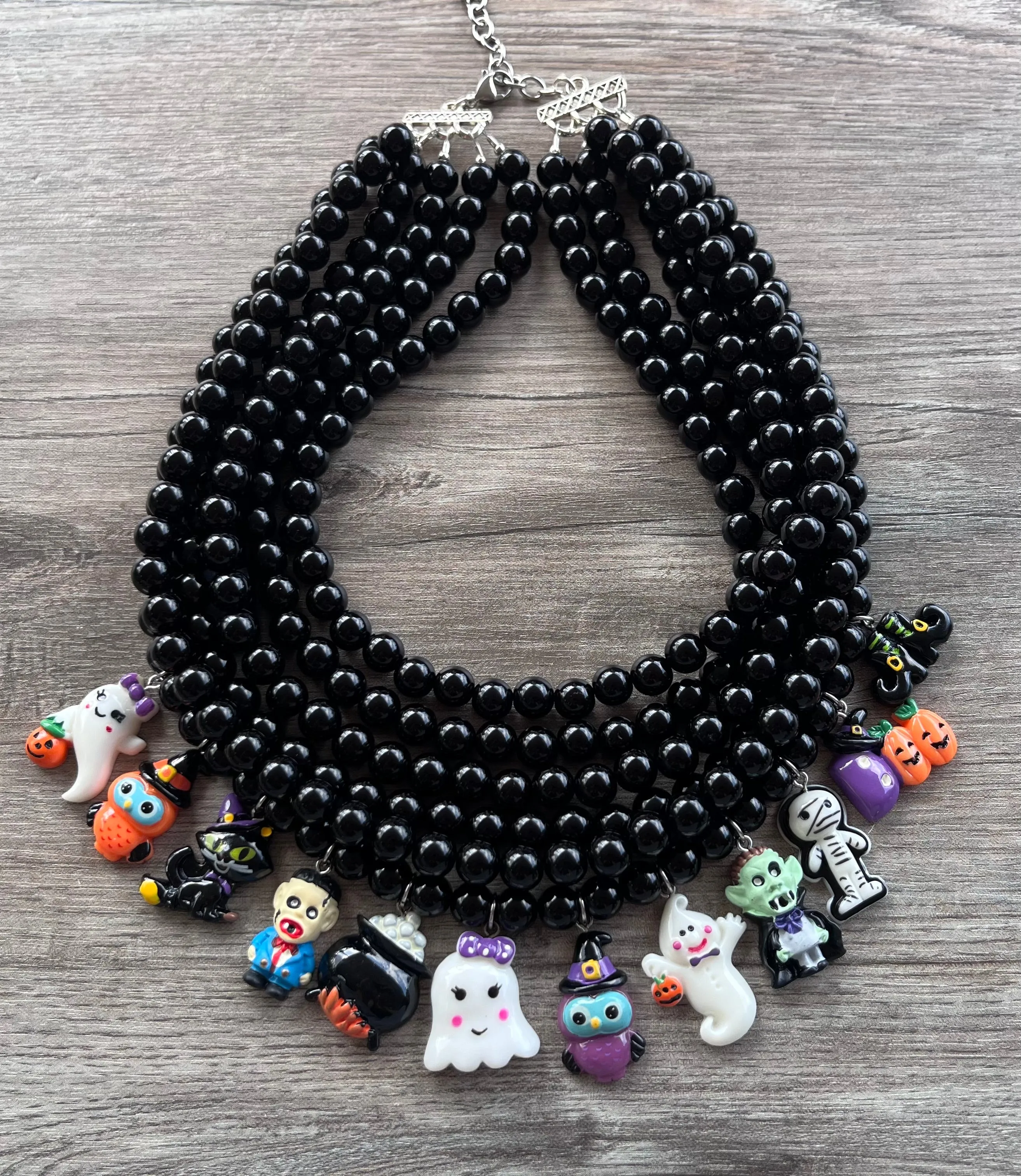 Black Ghost Vampire Halloween Charm Acrylic Multi Strand Chunky Unique Statement Necklace