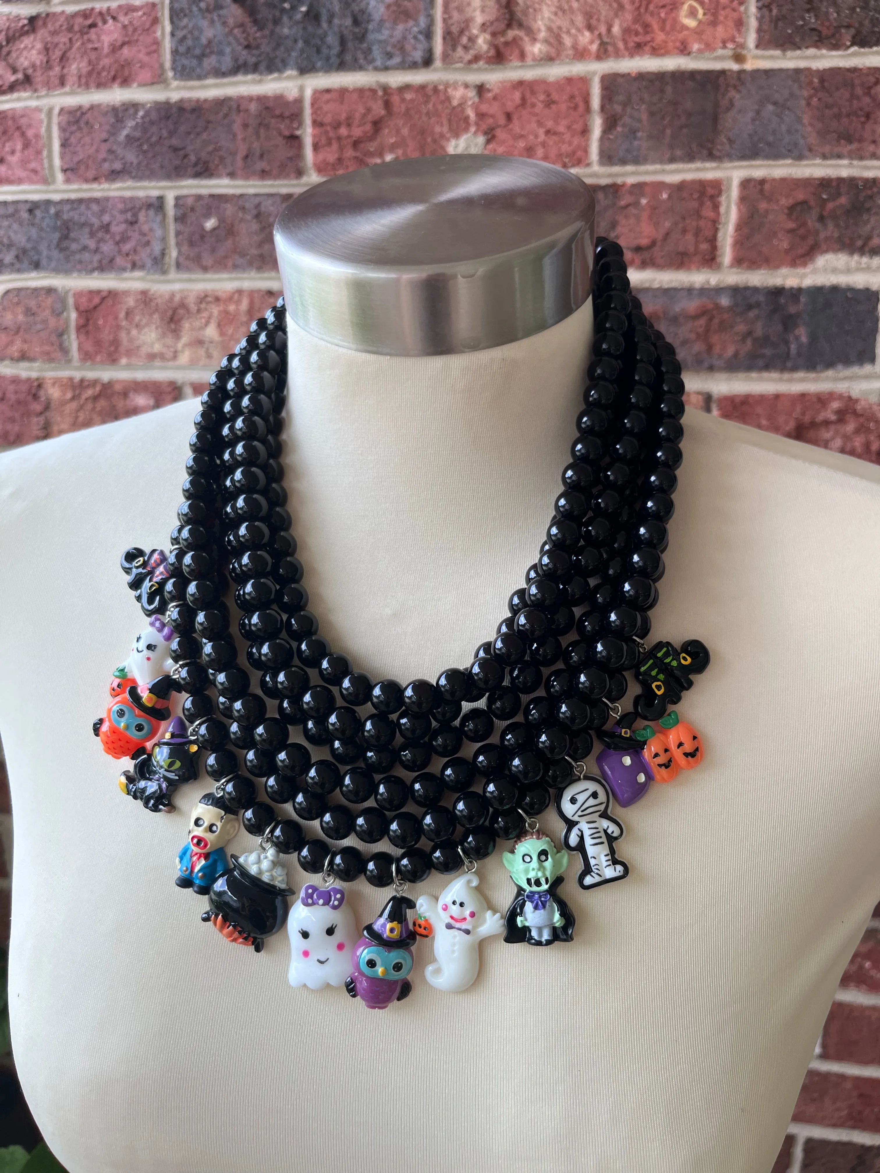 Black Ghost Vampire Halloween Charm Acrylic Multi Strand Chunky Unique Statement Necklace