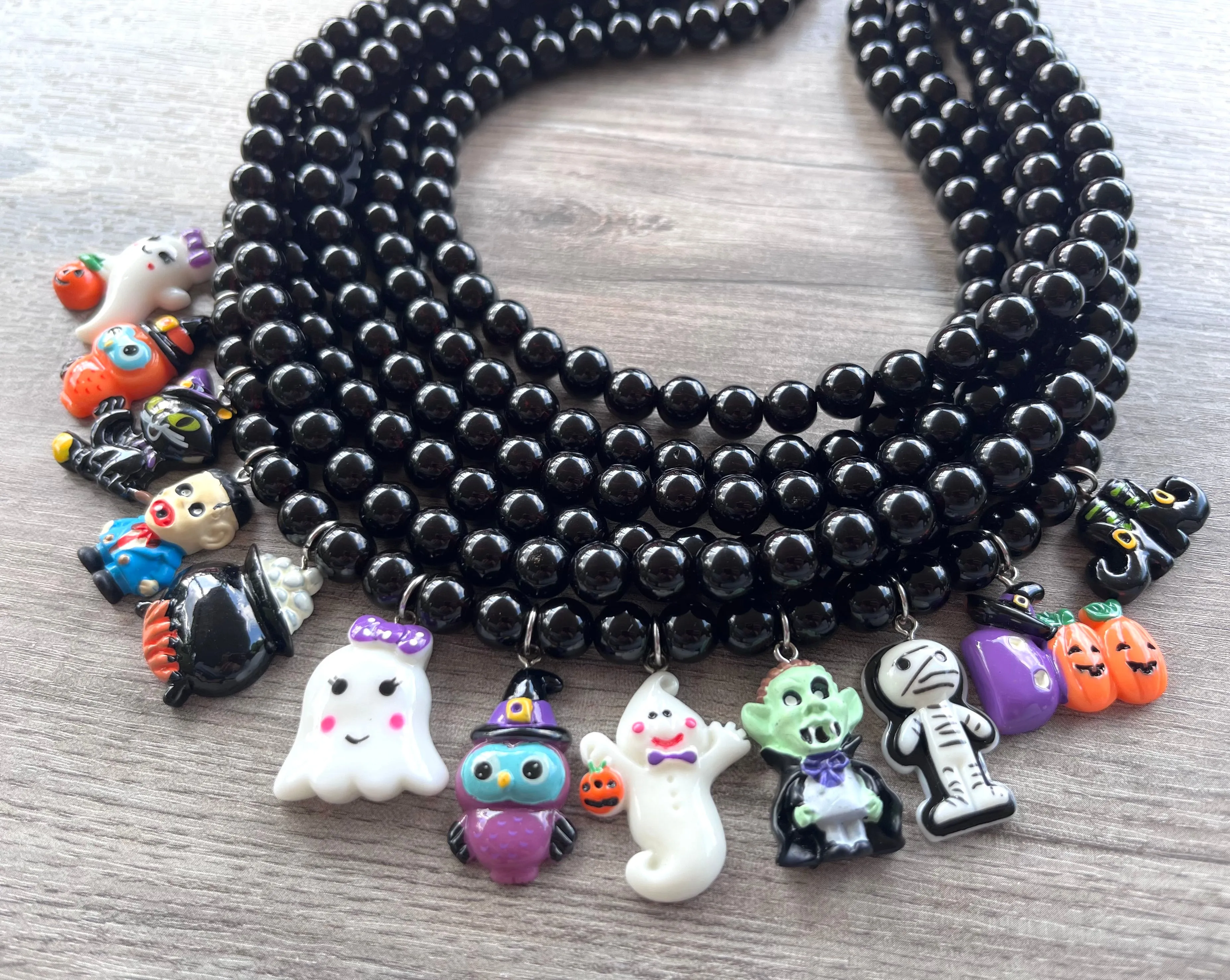 Black Ghost Vampire Halloween Charm Acrylic Multi Strand Chunky Unique Statement Necklace